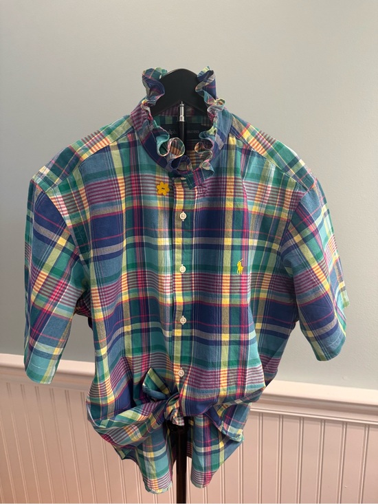 Ralph Lauren Tops - Ralph Lauren Blue, Green & Yellow Plaid Ruffle-Collar Button-Front Shirt